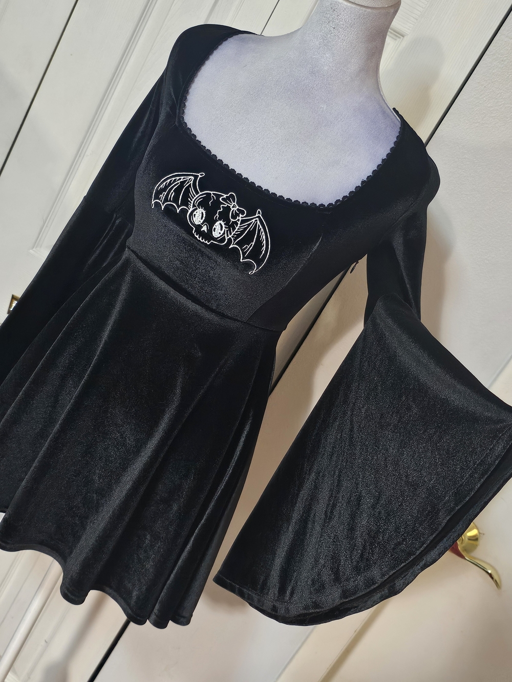 Dolls Kill Black Velvet Bat Embroidered Long Sleeve Dress
